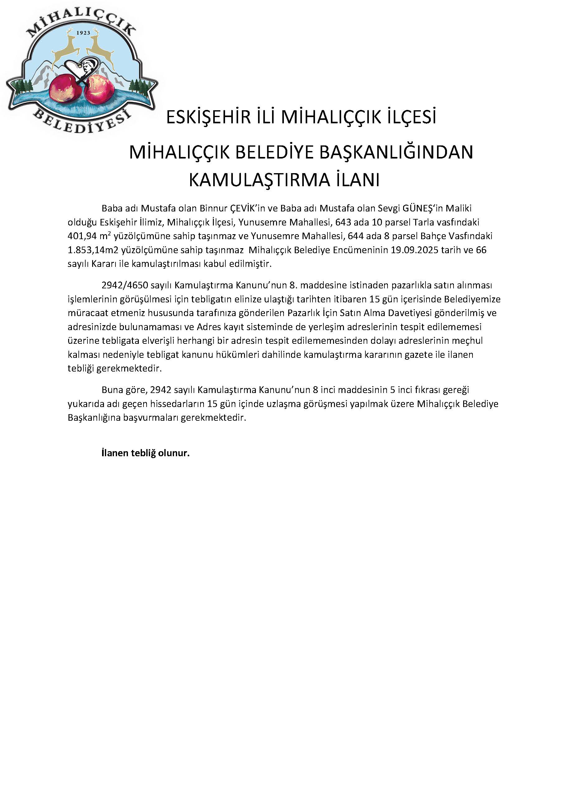 Mihalıççık Belediye Başkanlığı Kamulaştırma İlanı