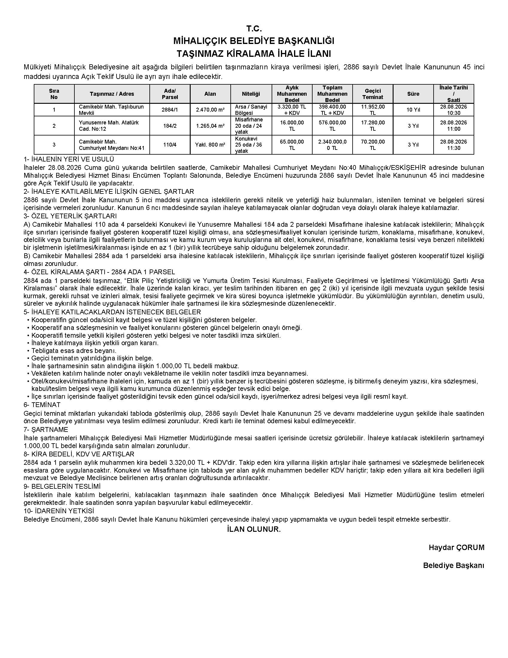 Taşınmaz Kiralama İhale İlanı 